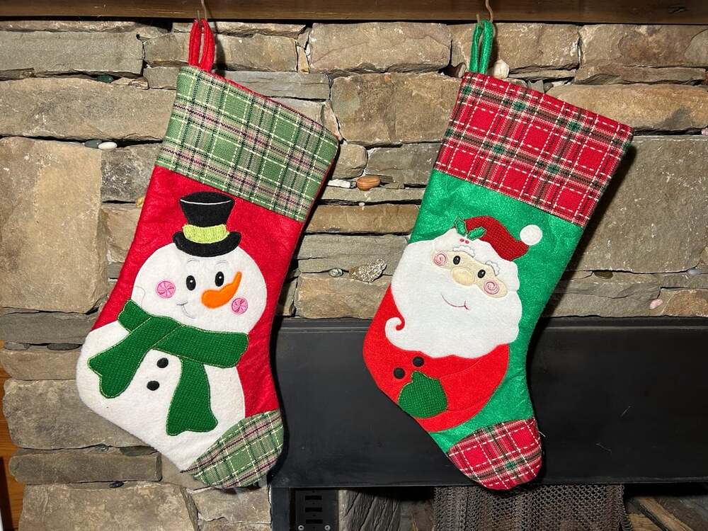 Vintage Plaid Snowman and Santa Felt Red Green Christmas Stockings
